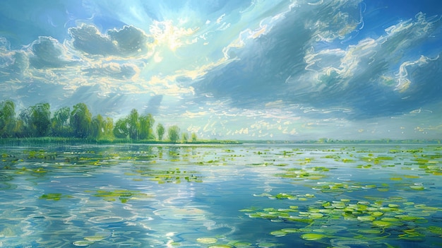 夏の手描きの池の風景の背景