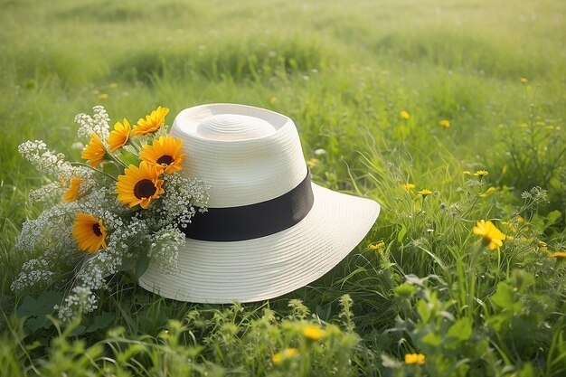 Летом шляпа и букет цветов лежат на зеленой луговой траве
