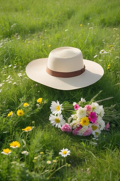 In summer a hat and a bouquet of flowers are lying on a green meadow grass