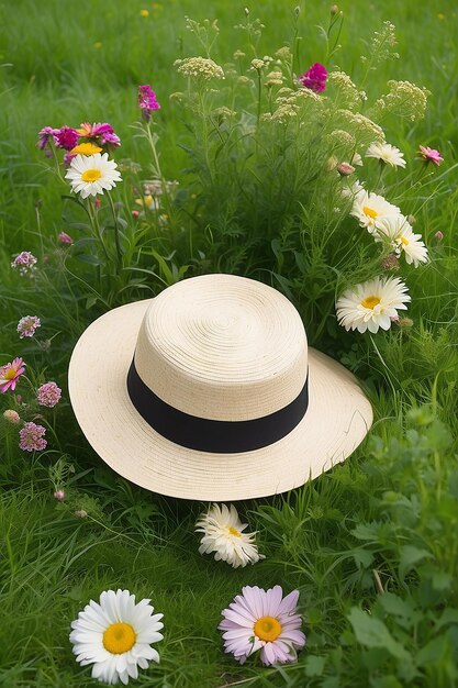 In summer a hat and a bouquet of flowers are lying on a green meadow grass