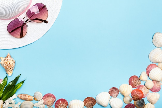 Summer hat, glasses, shells.