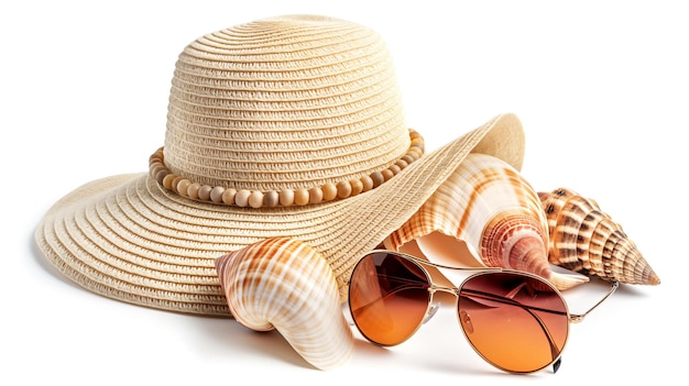 Summer hat sunglasses and seashells isolated on a white background beach holiday concept