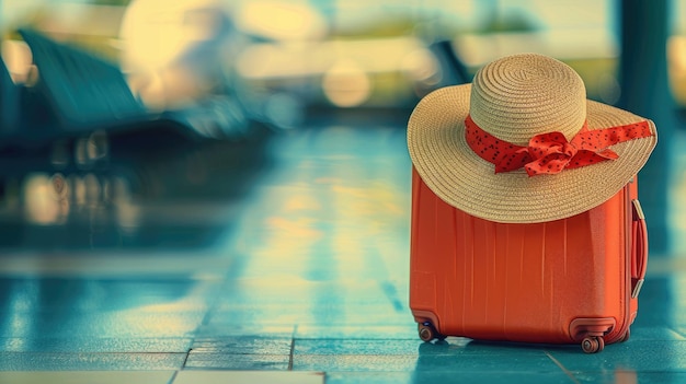 A summer hat with an orange ribbon on an orange suitcase in the waiting room