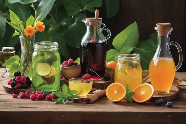 사진 라임, 레몬, 오렌지 얼음과 함께 시트러스 물로 만든 여름 건강한 레모네이드 테일