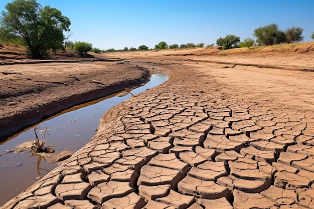 Photo summer heat drought dry and cracked riverbed with greenery and puddles