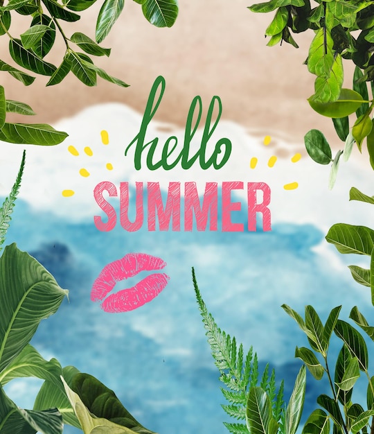 summer hello tropical leaves, flowers blue sea sky  greetings card concept banner template