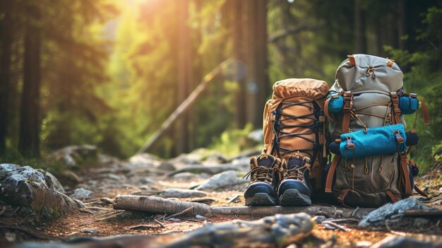 Summer Hiking gear in the Forest Backpack and Trek Shoes for Climber Camping Adventure Concept