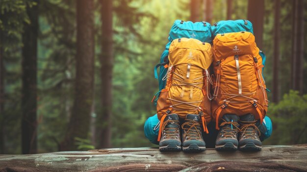 森の夏のハイキング用品 バックパックとトレックシューズ 登山者キャンプアドベンチャーコンセプト