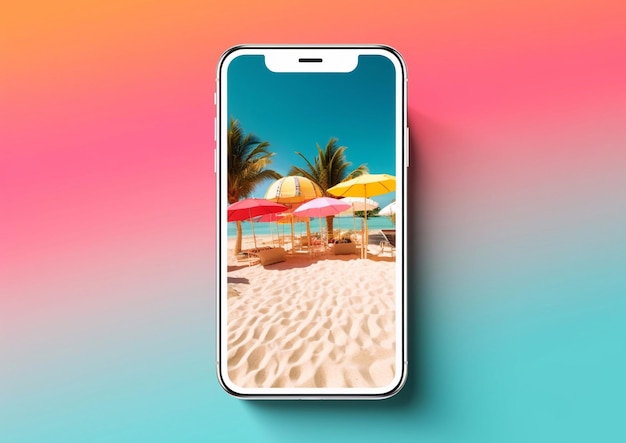 Photo summer holiday advertising with phone and picture of vacation resort with blue ocean