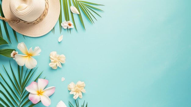 Photo summer holiday background minimalist pastel background with flowers and copy space for text