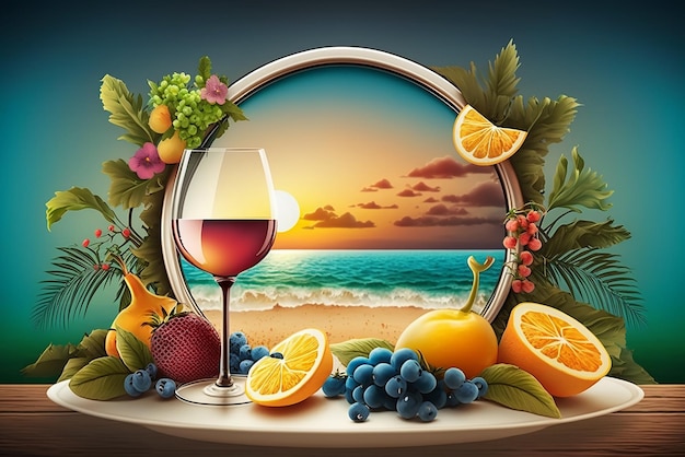 Летний отдых фон с бокалом для коктейля на тропическом пляже закат фон генеративный ай
