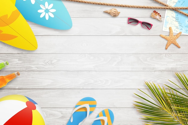 Summer holiday background with free space for text Slipers palm ball surfboard sunglasses map starfish and shell beside White wooden table Top view