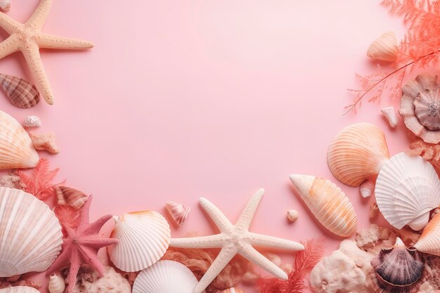 Summer holiday banner beach accessories at pink wooden seashell starfish beach sands and coral AI Generated