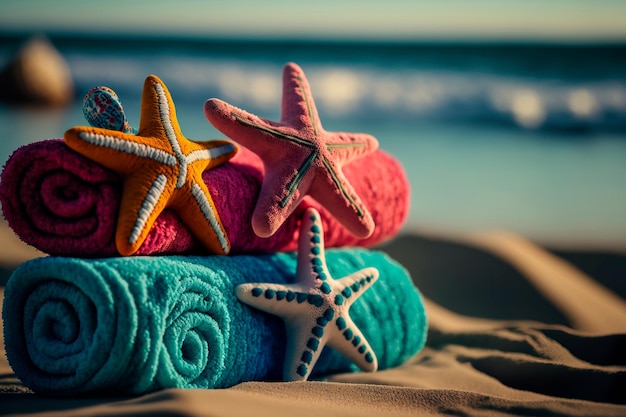 Summer holiday concept beach towels with starfish against ocean Generative AI