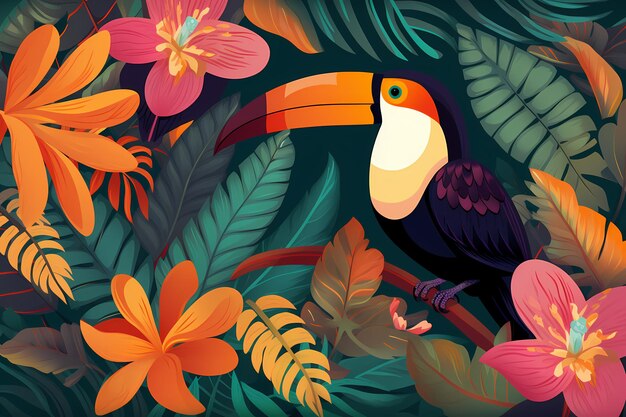 summer holiday design with toucan bird and tropical flower Generative ai