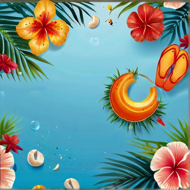 Summer holiday illustration on sky blue background with beach elements and tropical flower