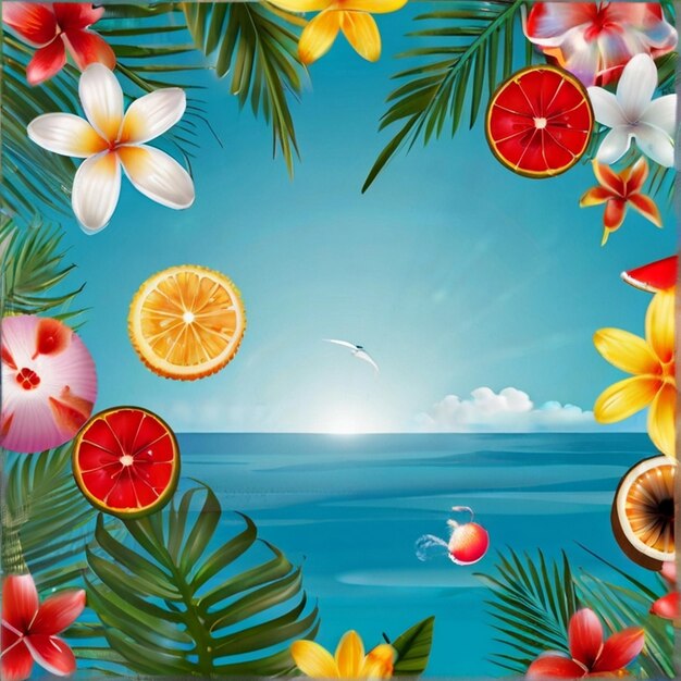 Photo summer holiday illustration on sky blue background with beach elements and tropical flower