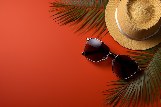 summer holiday paraphernalia isolated against a red color background