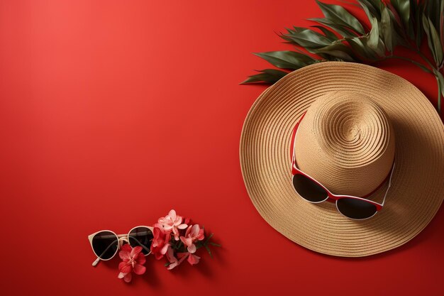 Photo summer holiday paraphernalia isolated against a red color background
