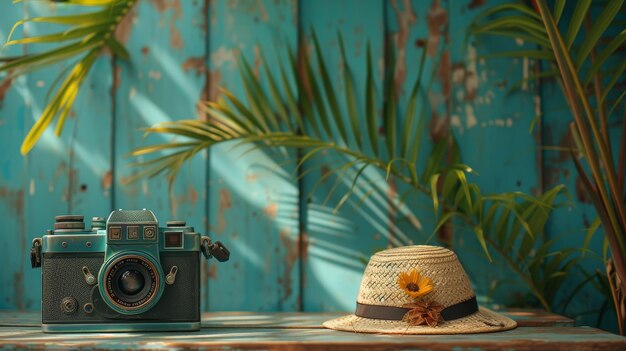 Photo the summer holiday traveling concept design banner depicts a vintage suitcase hipster hat photo camera and passport on a wooden deck tropical sea beach and palm tree in the background