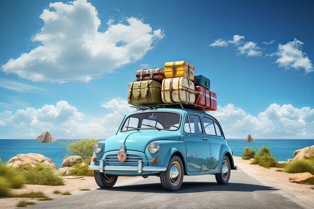 Summer holiday vacation Small retro car baggage and luggage on the rooftop with beach sky background