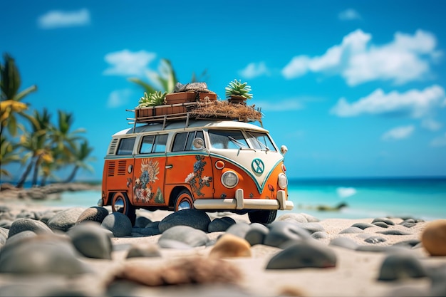 Летние каникулы Маленький ретро багаж и багаж на крыше с пляжным небом на заднем плане