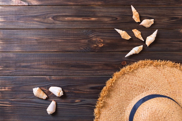 Summer holiday with straw hat and seashells on wooden