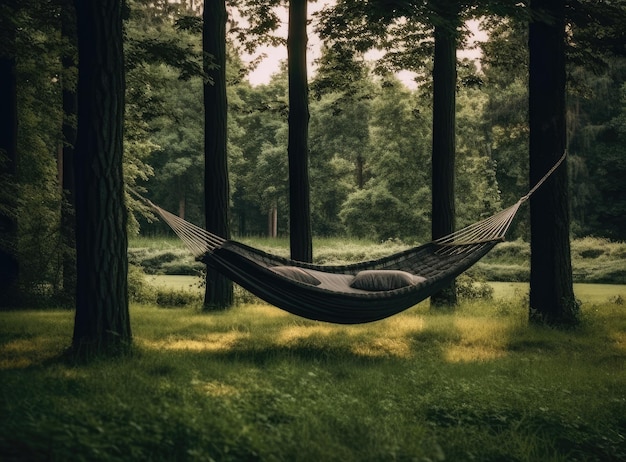 Summer holidays are a popular tourist destination Hammock between trees Created with Generative AI technology