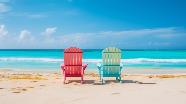 Summer holidays in the Dominican Republic Beach loungers on the white sands of the blue Caribbean