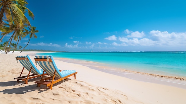 Summer holidays in the Dominican Republic Beach loungers on the white sands of the blue Caribbean