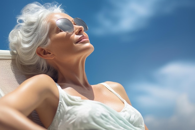 Летние каникулы каникулы путешествия и люди концепция улыбающаяся молодая женщина в солнцезащитных очках лежит на солнцелазке