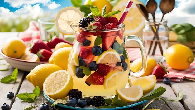 写真 summer homemade fruit and berries lemonade