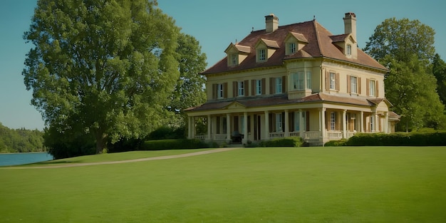 summer house with a red roof and a large porch dream house