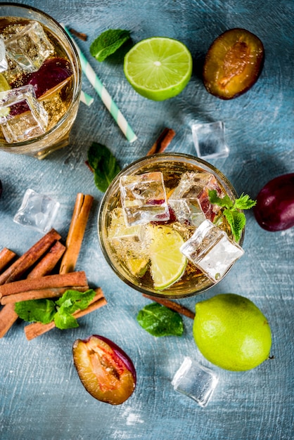 Summer iced refreshment drink. Cinnamon and plum lemonade cocktail, with fresh lime and mint