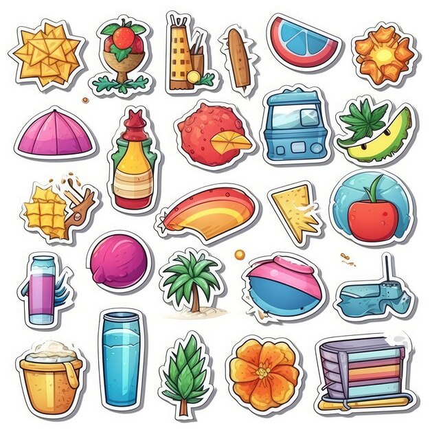 Photo summer icons set sticker highly detailed white background