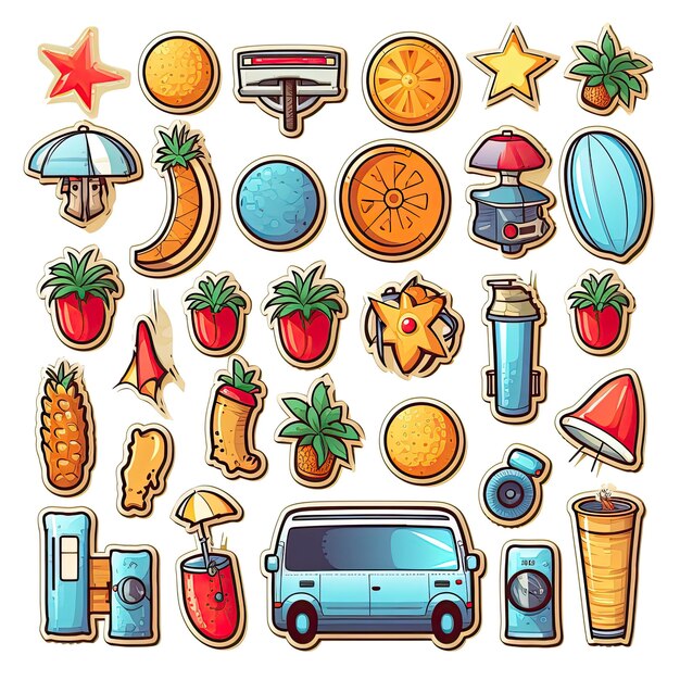 Summer icons set sticker highly detailed white background