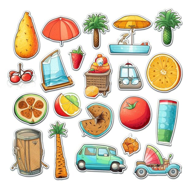 Photo summer icons set sticker highly detailed white background