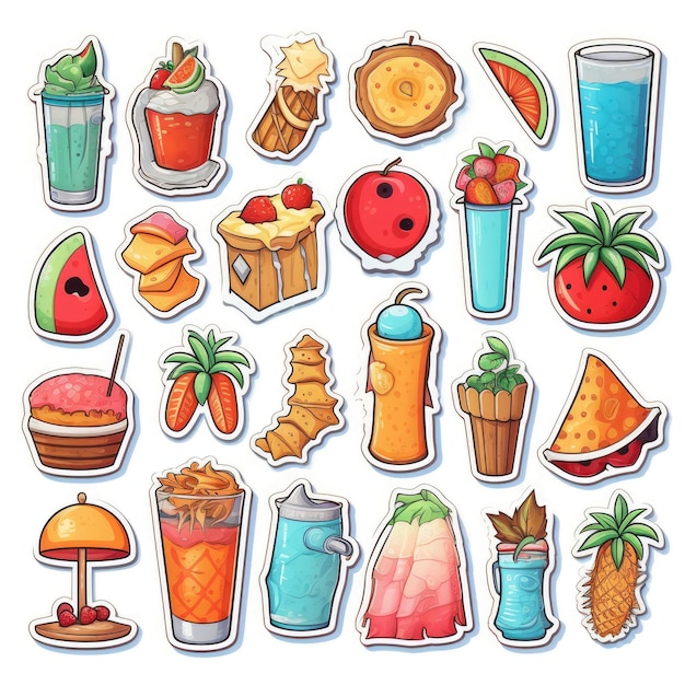 Summer icons set sticker highly detailed white background