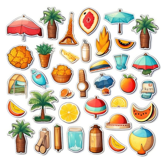 Photo summer icons set sticker highly detailed white background