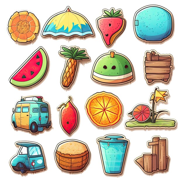 Photo summer icons set sticker highly detailed white background