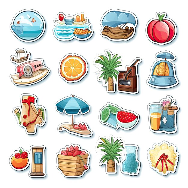 Photo summer icons set sticker highly detailed white background