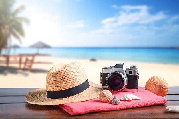 해변 액세서리의 여름 아이디어 개념은 빈티지 카메라 모자와 조개 뭉치로 구성됩니다.