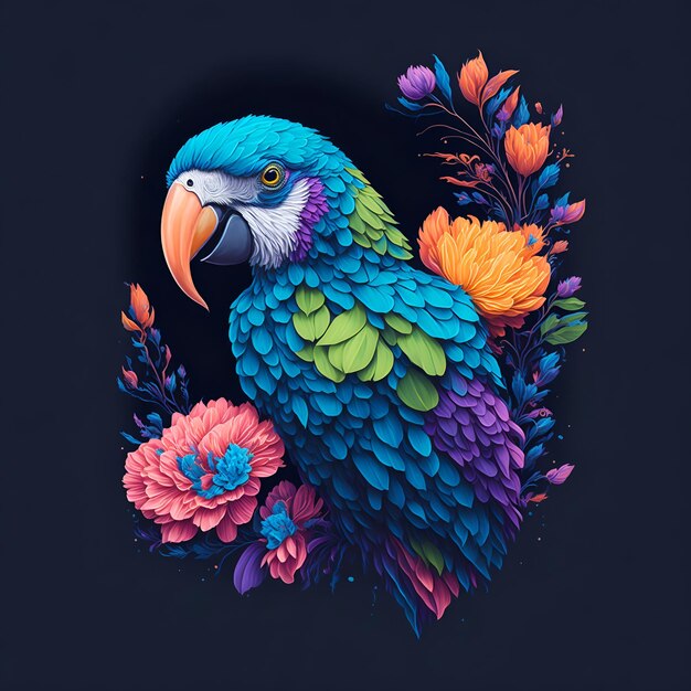 Summer Illustration of Colorful Parrot and Flowers on Dark Background Tropical Wild Animal Design