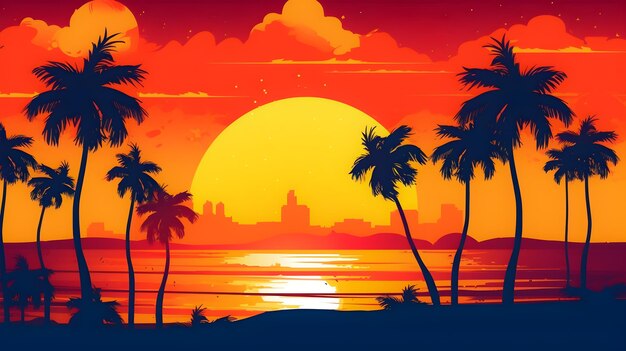 ヤシの木の夕日のシルエットのビーチと背景の都市と太陽の夏のイラスト 生成ai