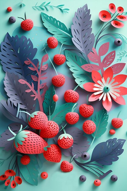 Summer illustration with flowers and strawberries in paper cut art style Generative AI