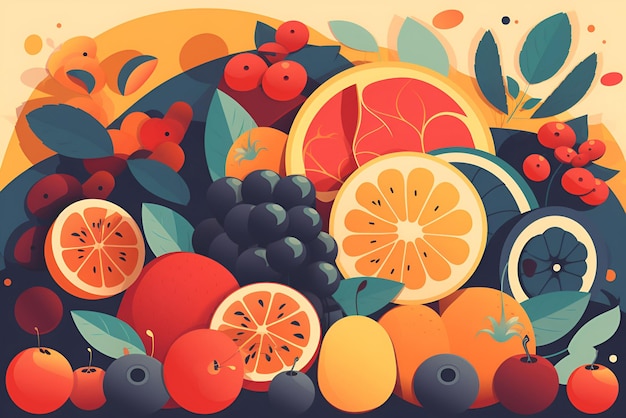 Photo summer illustration with fruits and berries in flat style generative ai