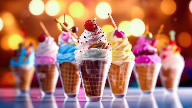 Summer Joy Colorful Ice Creams in Waffle Cones and Glass Cups Generative AI