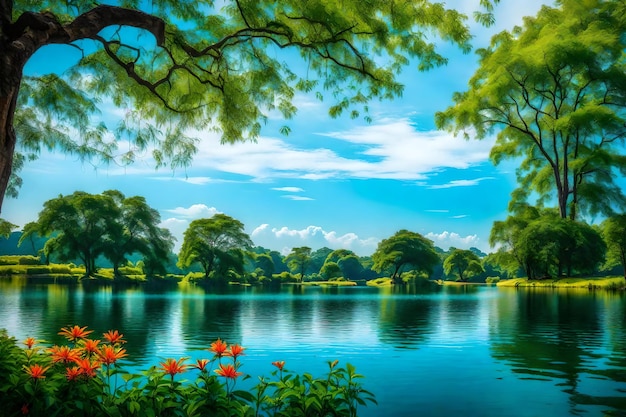美しい景色と緑の自然の風景にある夏の湖