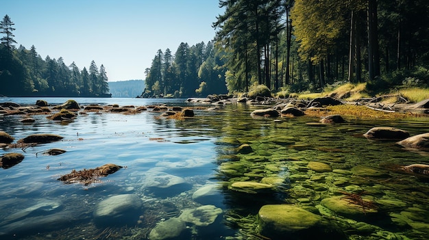 Summer lake on green nature landscape