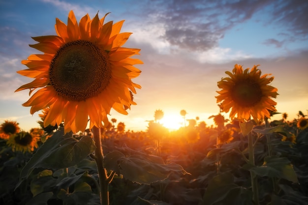 Summer landscape: beauty sunset over sunflowers field